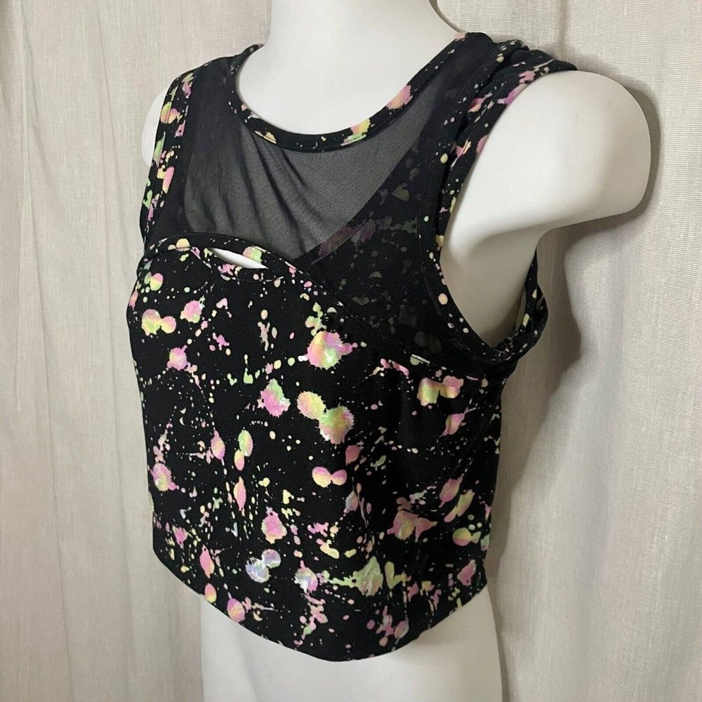 Feathers Women's Black & Neon Splatter Print Cropped Tank, Mesh & Fabric Sz S - Picture 10 of 10